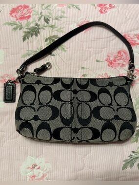 Coach Black and Gray Signature Canvas Wristlet with Leather Strap